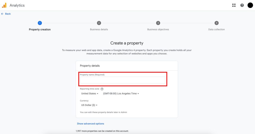 Create a property in Google Analytics